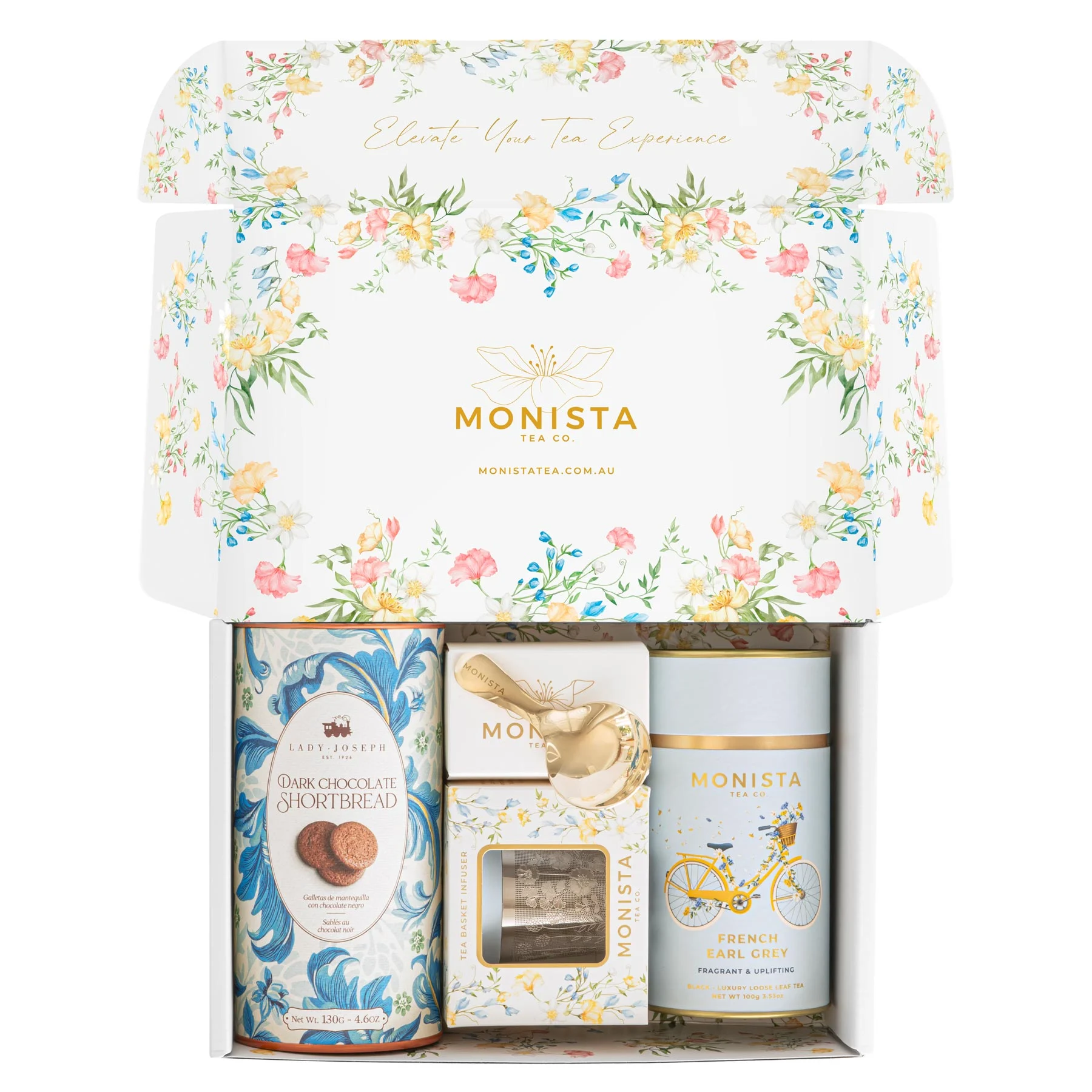 gift box with tea canister, Infuser and canister of biscuits