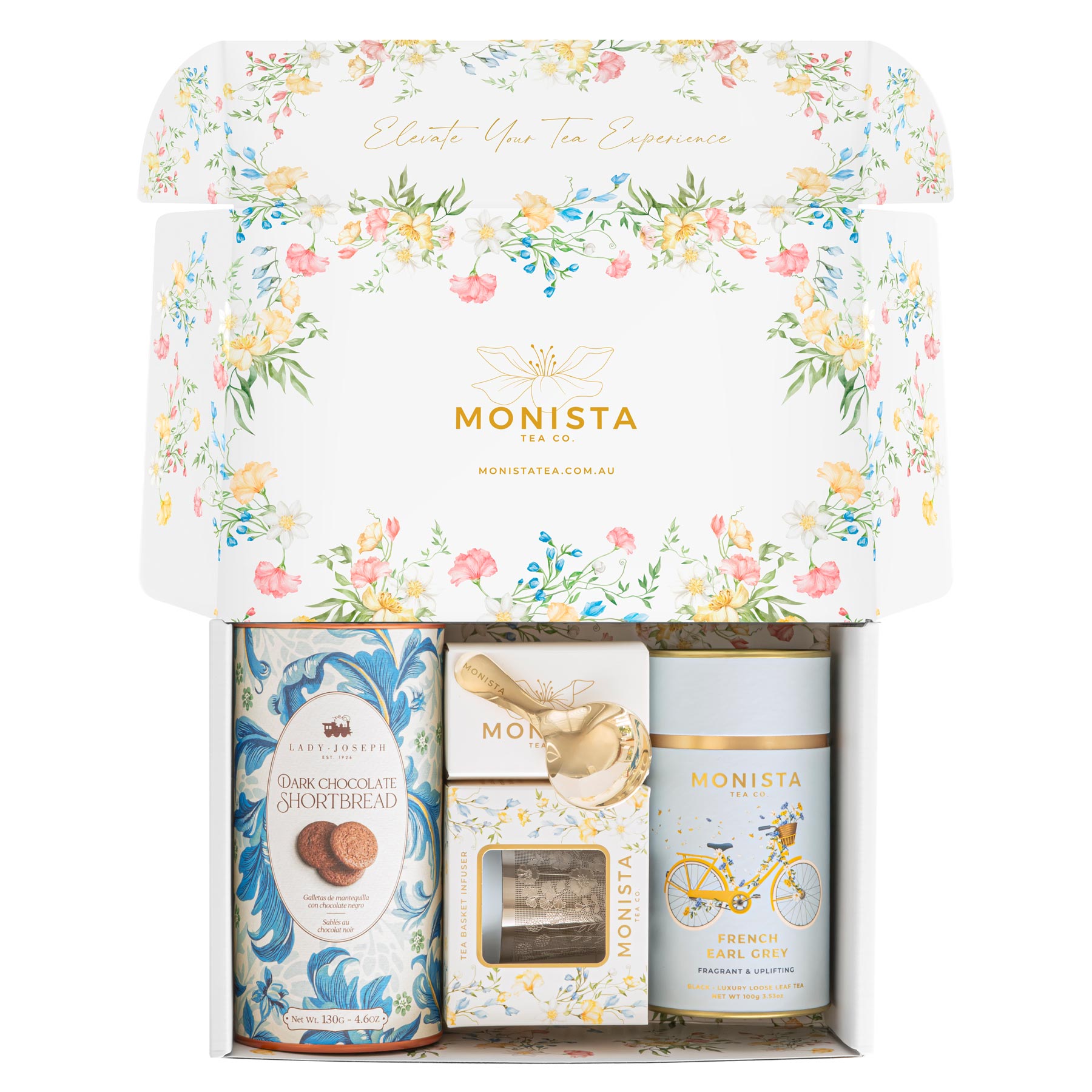 gift box with tea canister, Infuser and canister of biscuits