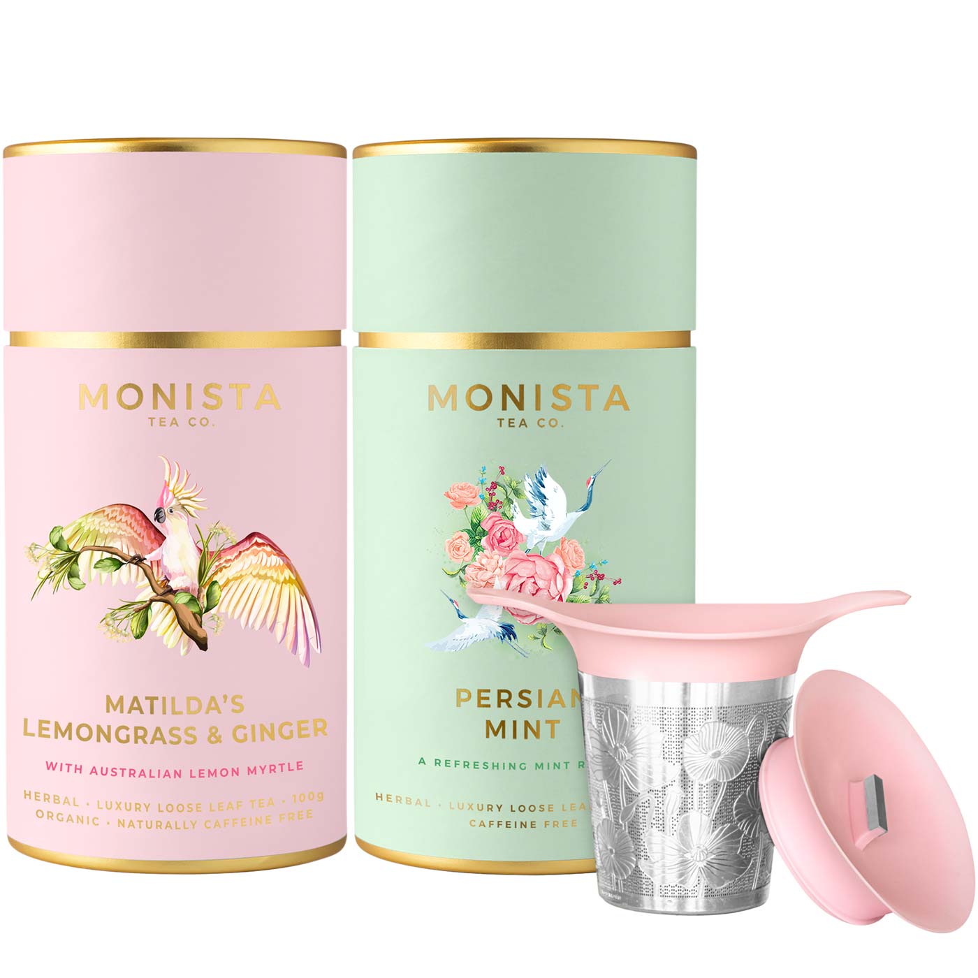 2 tea canisters and a pink tea infuser