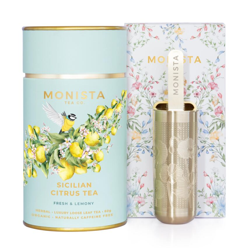 green tea canisters with lemons and a bird on it with gold tea infuser
