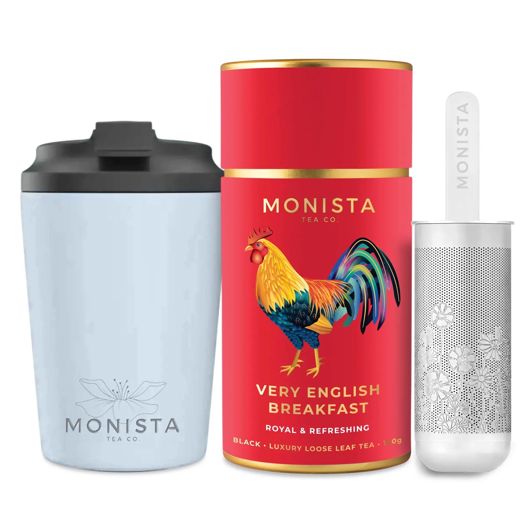 Blue fressko cup with Silver stick infuser and pretty red tea canister