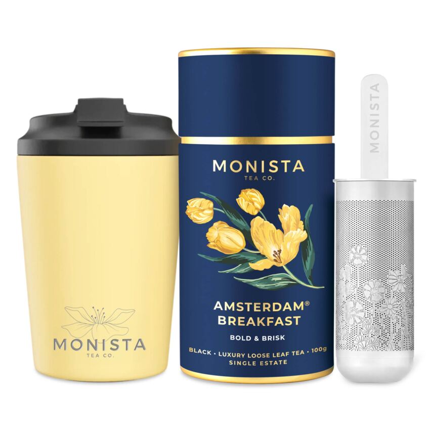 Yellow fressko cup with Silver stick infuser and pretty blue tea canister