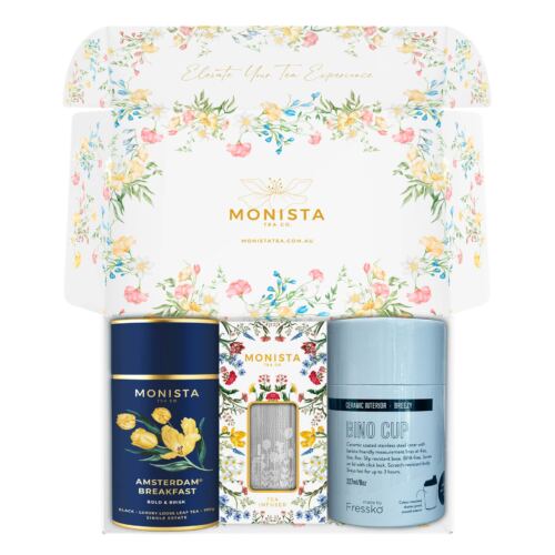 Blue Fressko cup with Silver stick infuser and pretty blue tea canister