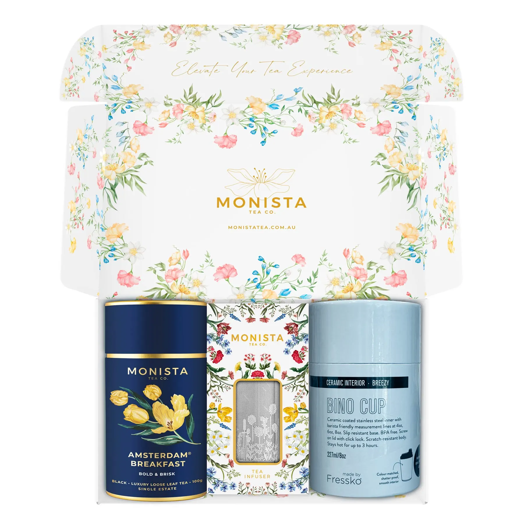 Blue Fressko cup with Silver stick infuser and pretty blue tea canister