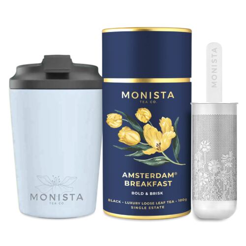 Blue Fressko cup with Silver stick infuser and pretty blue tea canister