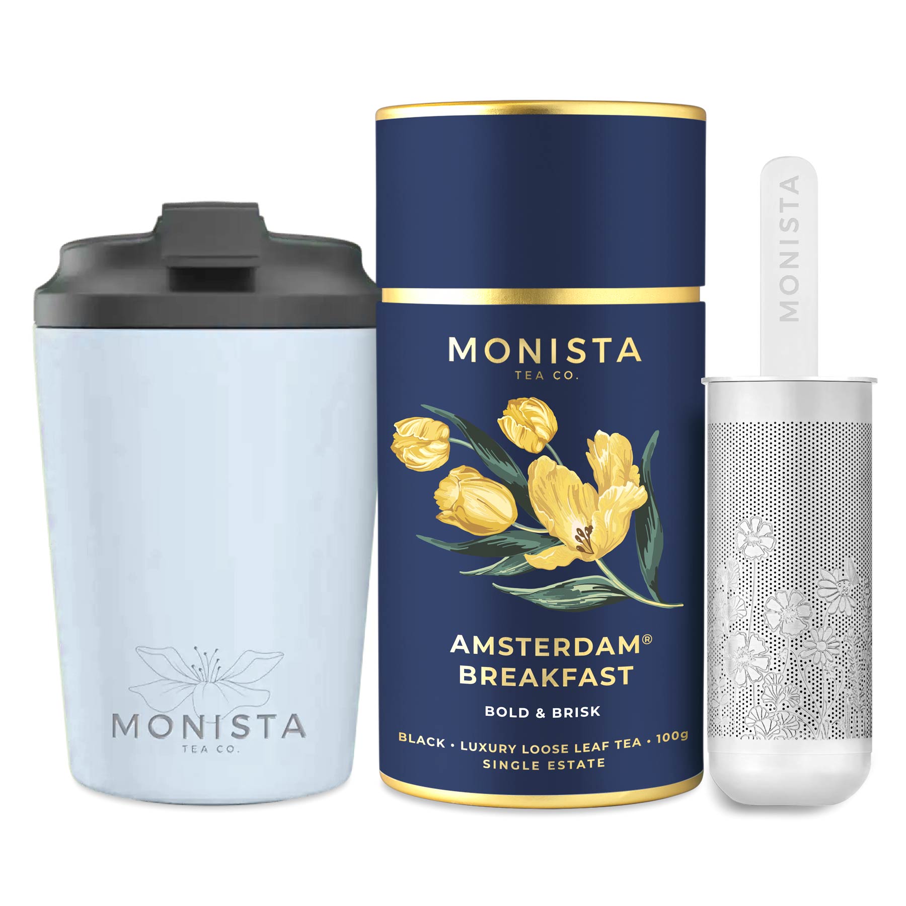 Blue Fressko cup with Silver stick infuser and pretty blue tea canister