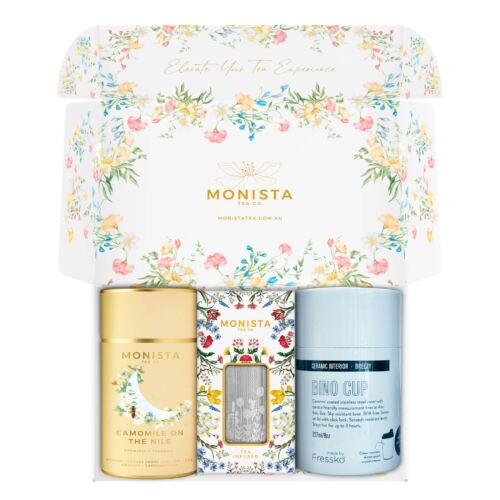 Blue fressko cup with silver stick infuser and yellow tea canister