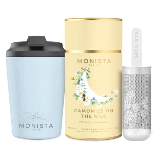 Blue fressko cup with silver stick infuser and yellow tea canister