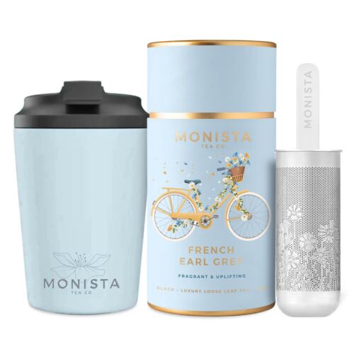 Blue fressko cup with Silver stick infuser and pretty blue tea canister