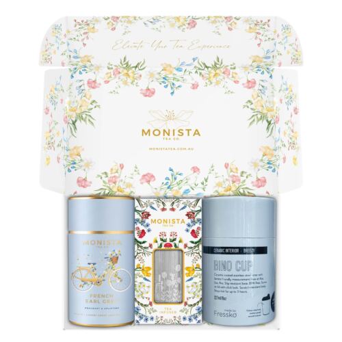 Blue fressko cup with Silver stick infuser and pretty blue tea canister