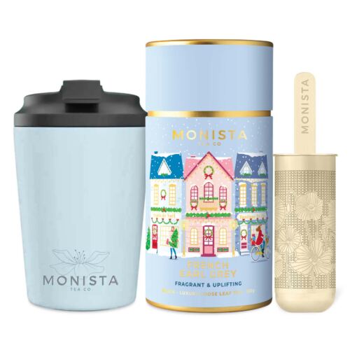 pretty blue tea canister, tea infuser and fressko cup