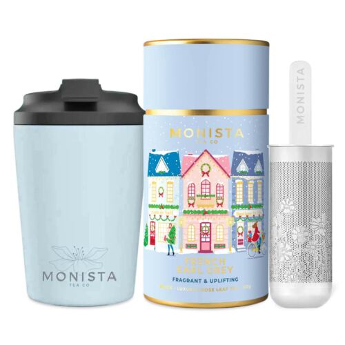 Blue fressko cup with Silver stick infuser and pretty blue tea canister