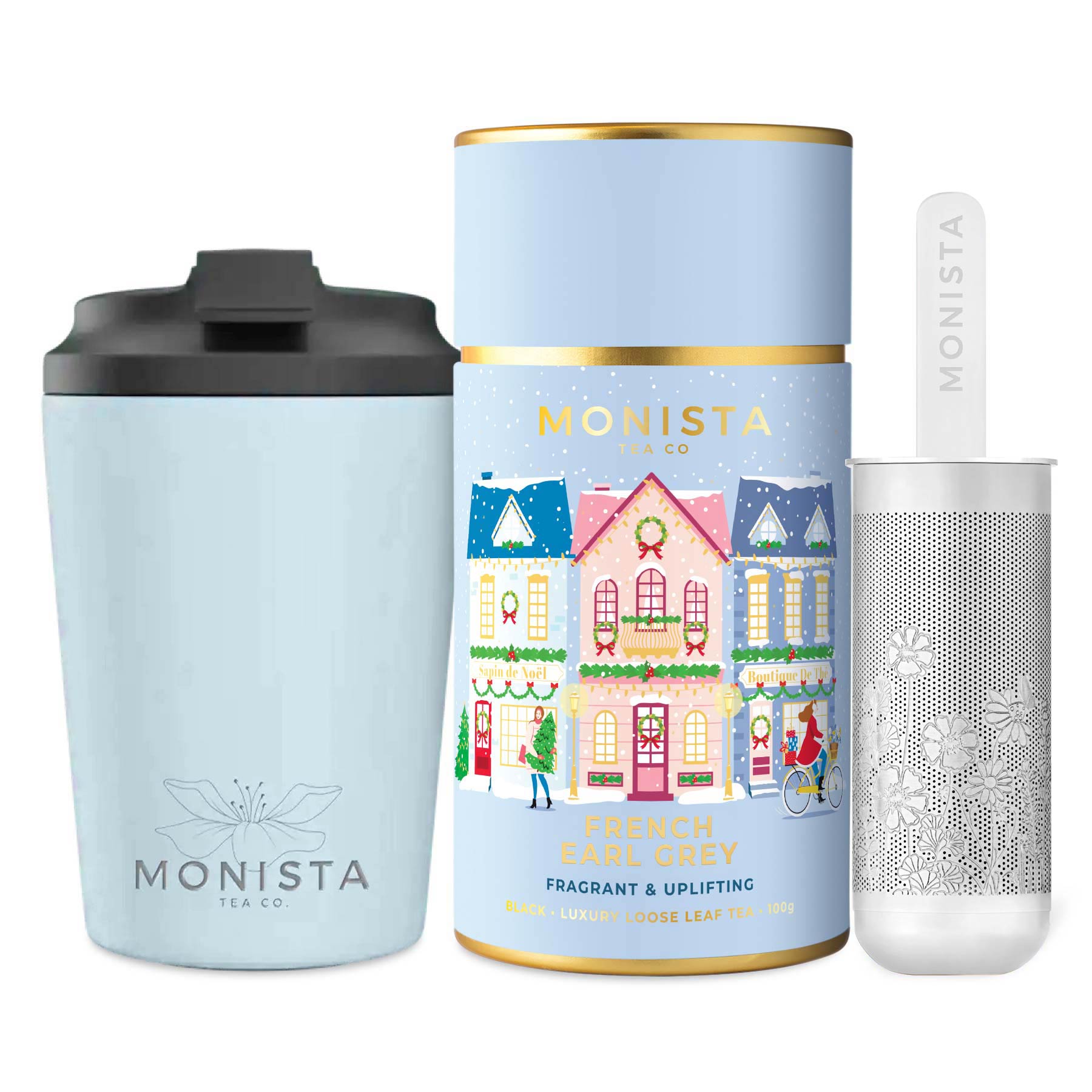 Blue fressko cup with Silver stick infuser and pretty blue tea canister