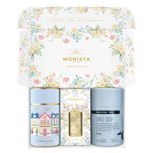 gift box with pretty blue tea canister, tea infuser and fressko cup