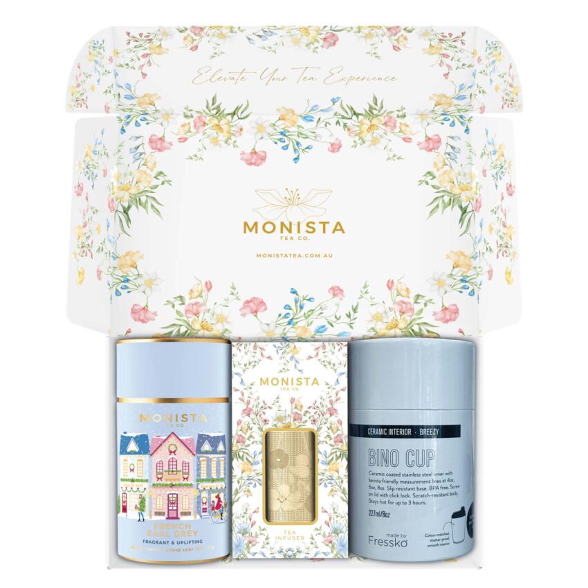 gift box with pretty blue tea canister, tea infuser and fressko cup