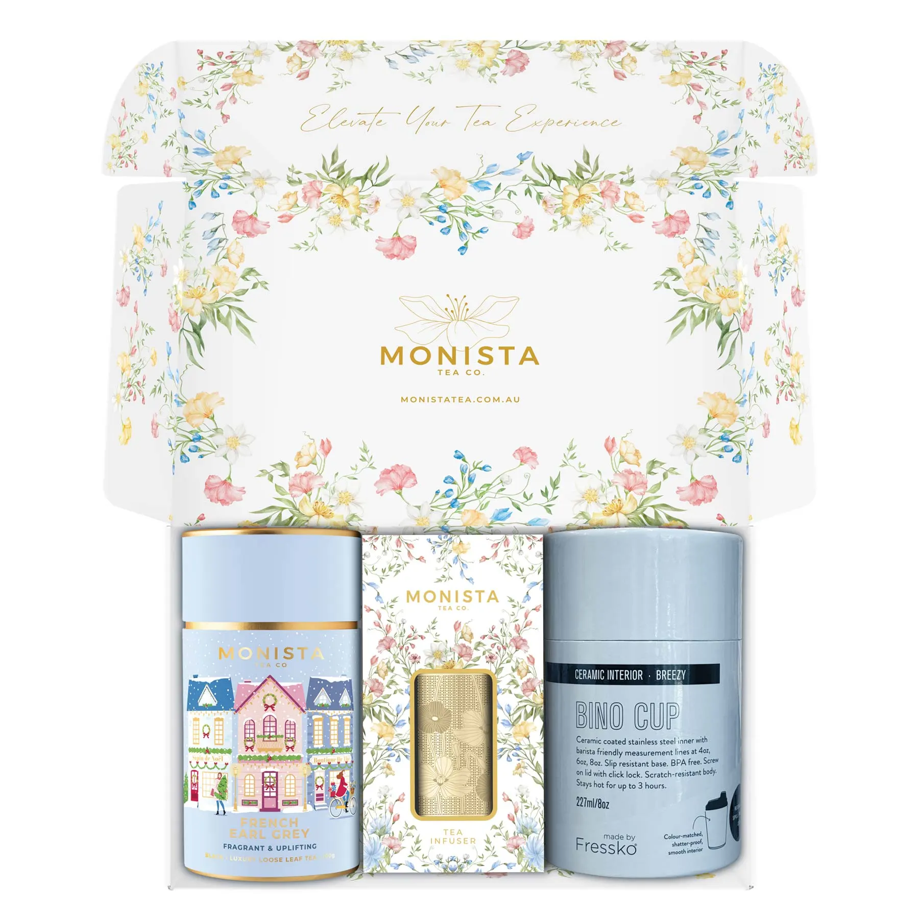 gift box with pretty blue tea canister, tea infuser and fressko cup