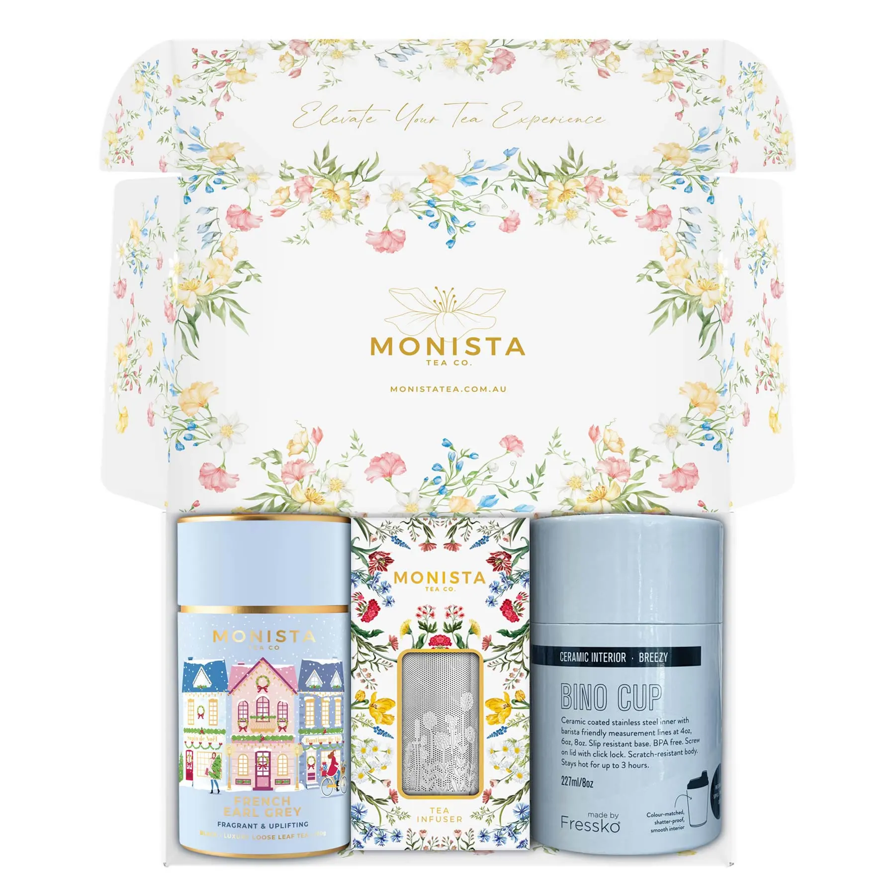 Blue fressko cup with Silver stick infuser and pretty blue tea canister