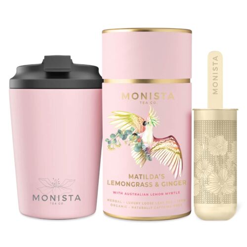 pink fressko cup with gold stick infuser and pink tea canister