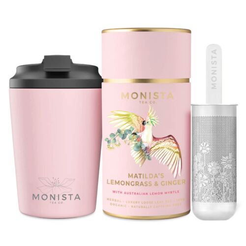 pretty gift box with pink fressko cup with Silver stick infuser and pink tea canister