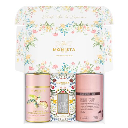 pretty gift box with pink fressko cup with Silver stick infuser and pink tea canister