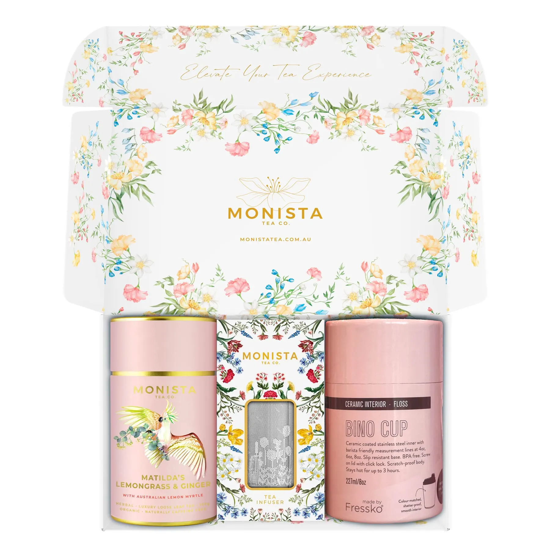 pretty gift box with pink fressko cup with Silver stick infuser and pink tea canister