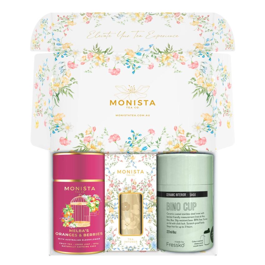 Green fressko cup with gold stick infuser and pretty tea canister