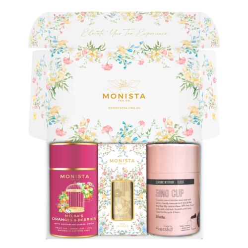 pink fressko cup with gold stick infuser and pretty tea canister