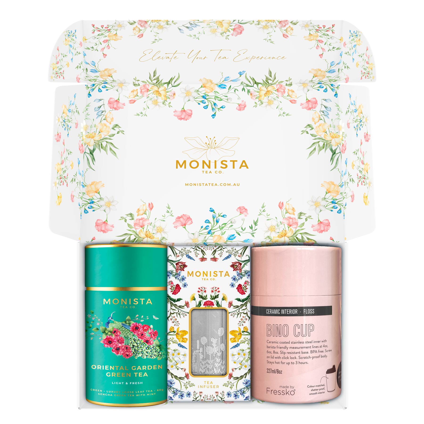 pink fressko cup with silver stick infuser and pretty tea canister