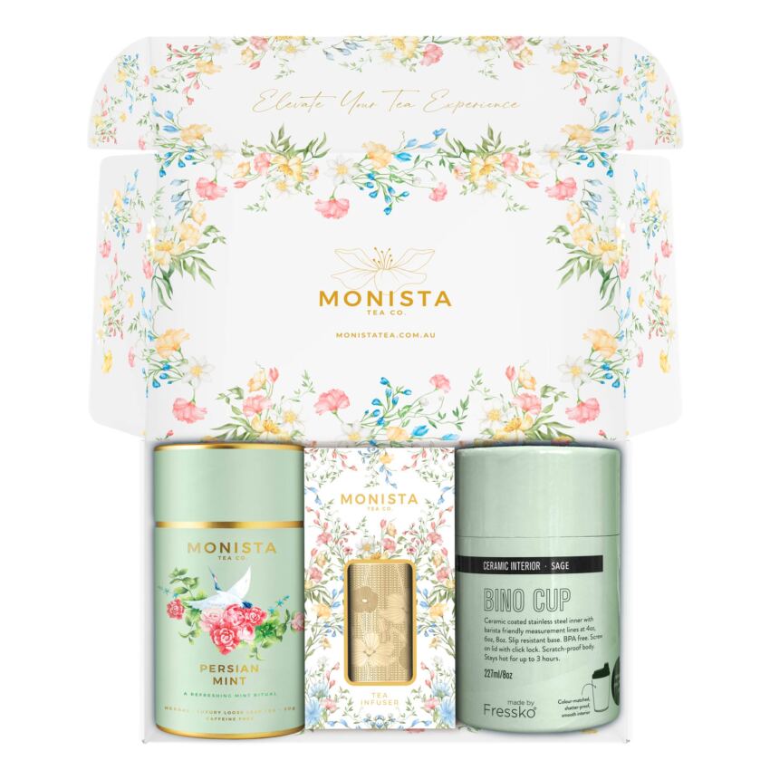 green fressko cup with gold stick infuser and green tea canister in pretty gift box