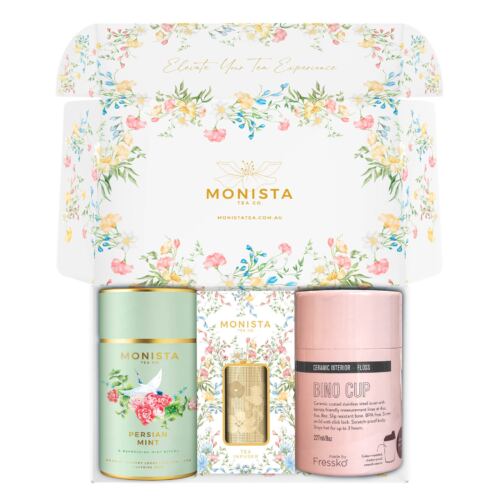 pink fressko cup with gold stick infuser and green tea canister