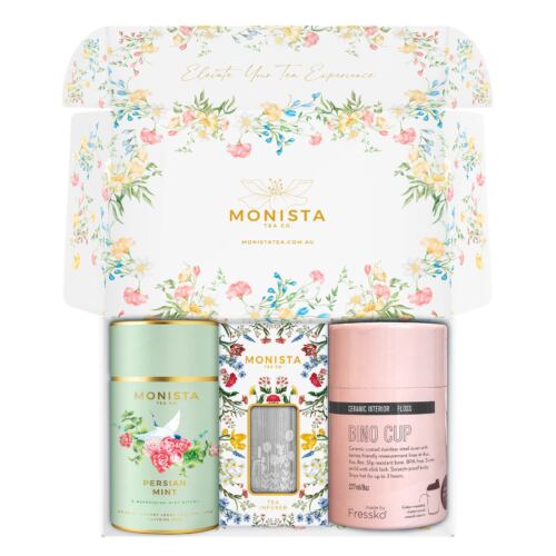 pretty gift box with pink fressko cup with Silver stick infuser and Green tea canister