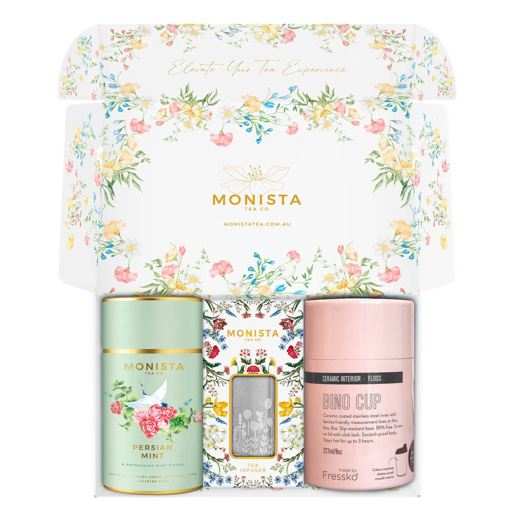 pretty gift box with pink fressko cup with Silver stick infuser and Green tea canister