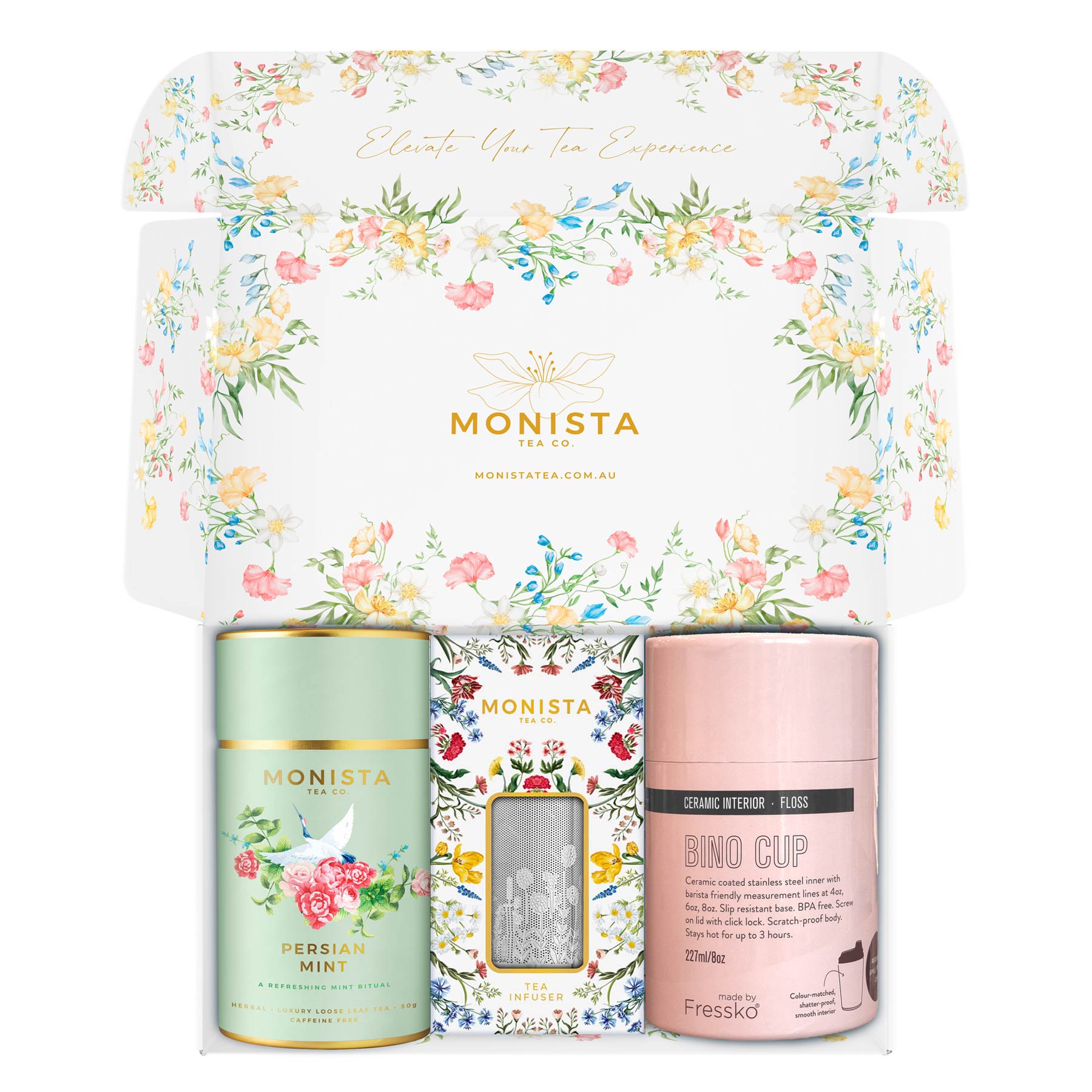 pretty gift box with pink fressko cup with Silver stick infuser and Green tea canister