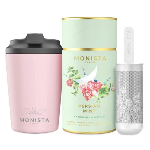 pink fressko cup with Silver stick infuser and Green tea canister