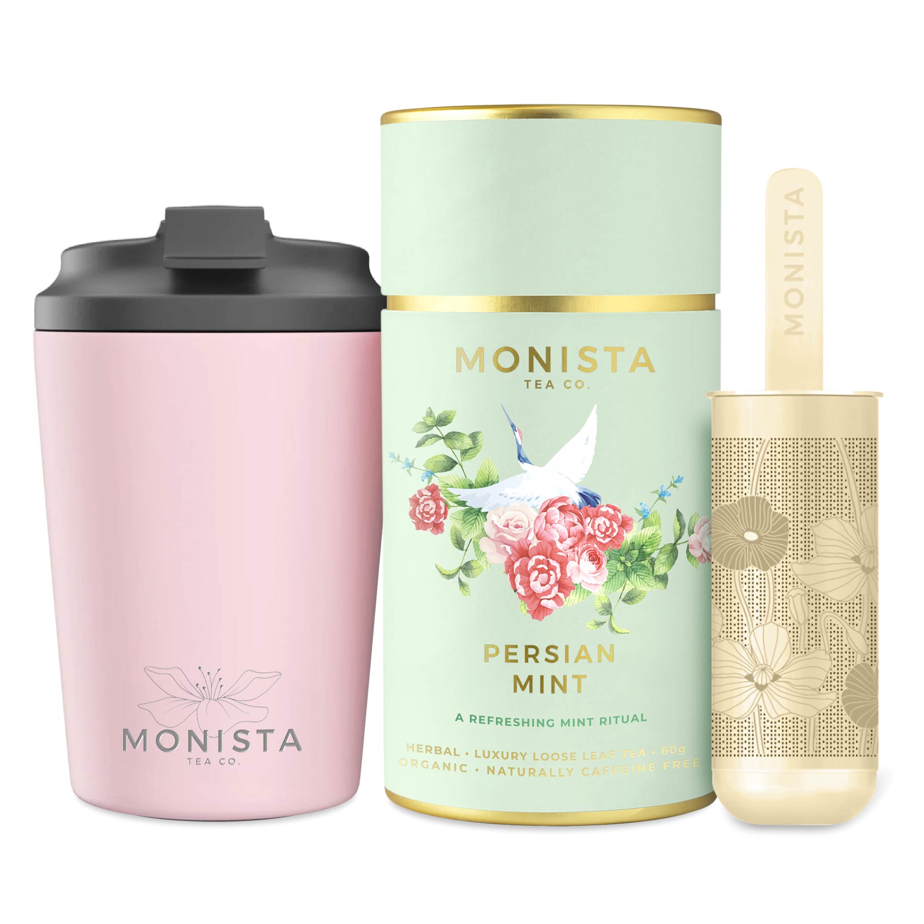 pink fressko cup with gold stick infuser and green tea canister