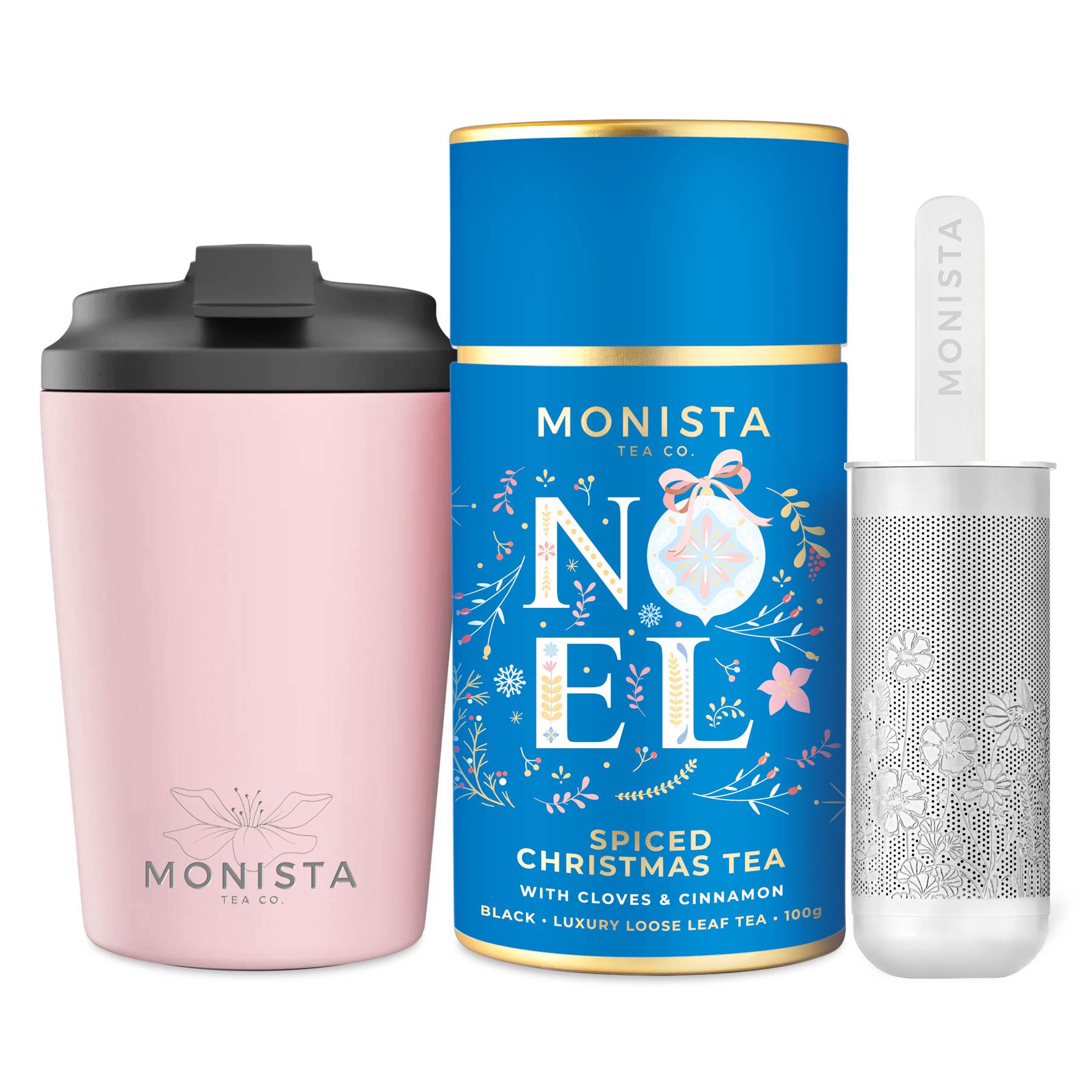 Blue fressko cup with Silver stick infuser and blue tea canister