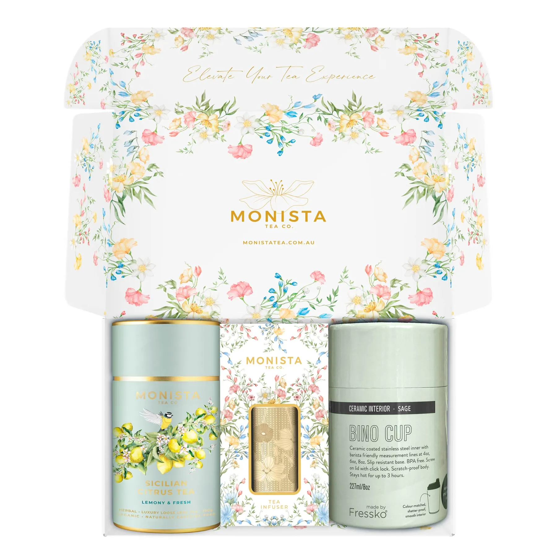 Sage fressko cup with gold stick infuser and pretty tea canister