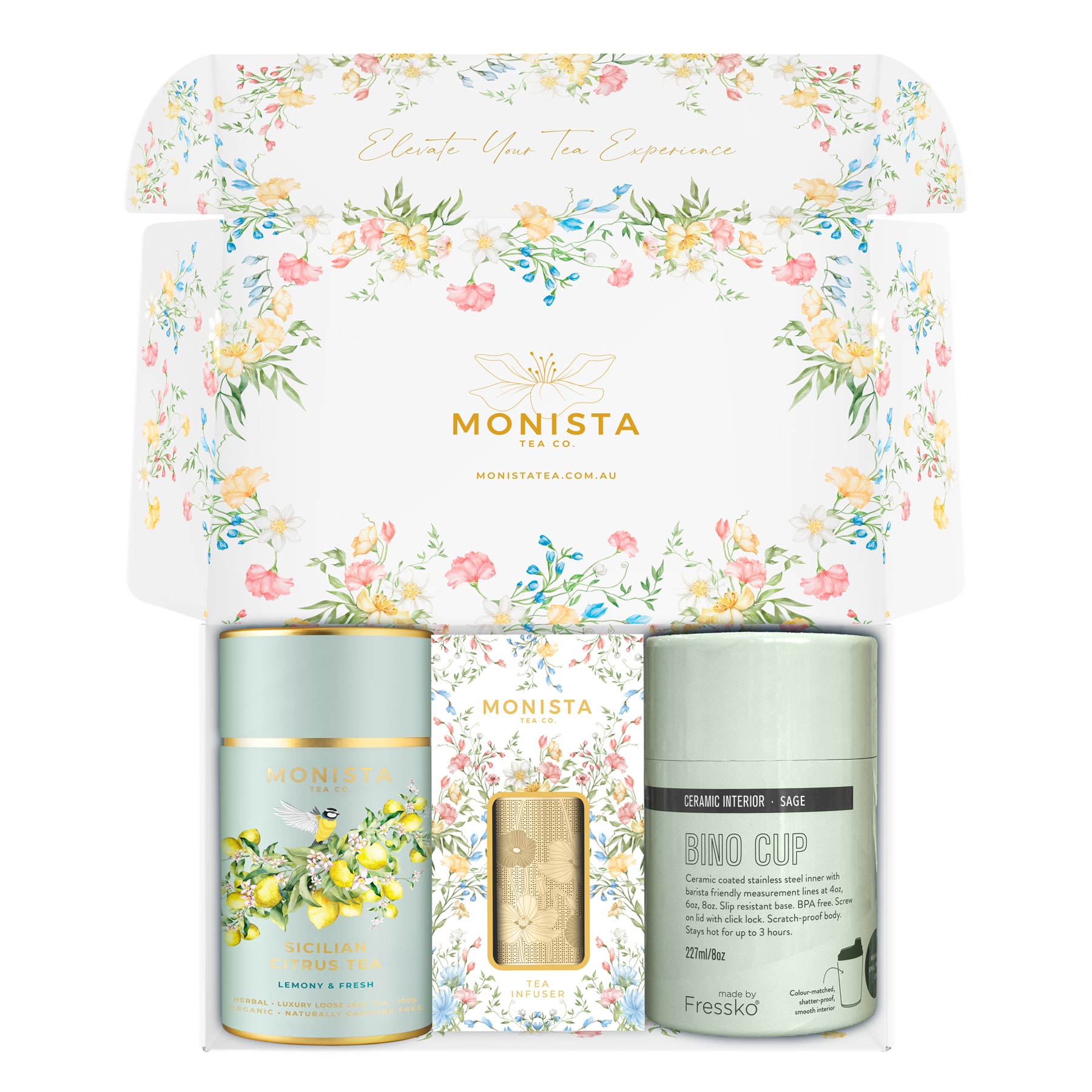 Sage fressko cup with gold stick infuser and pretty tea canister