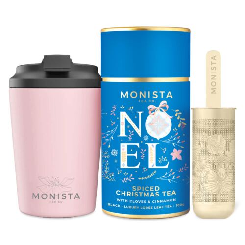 blue tea canister, tea infuser and fressko cup