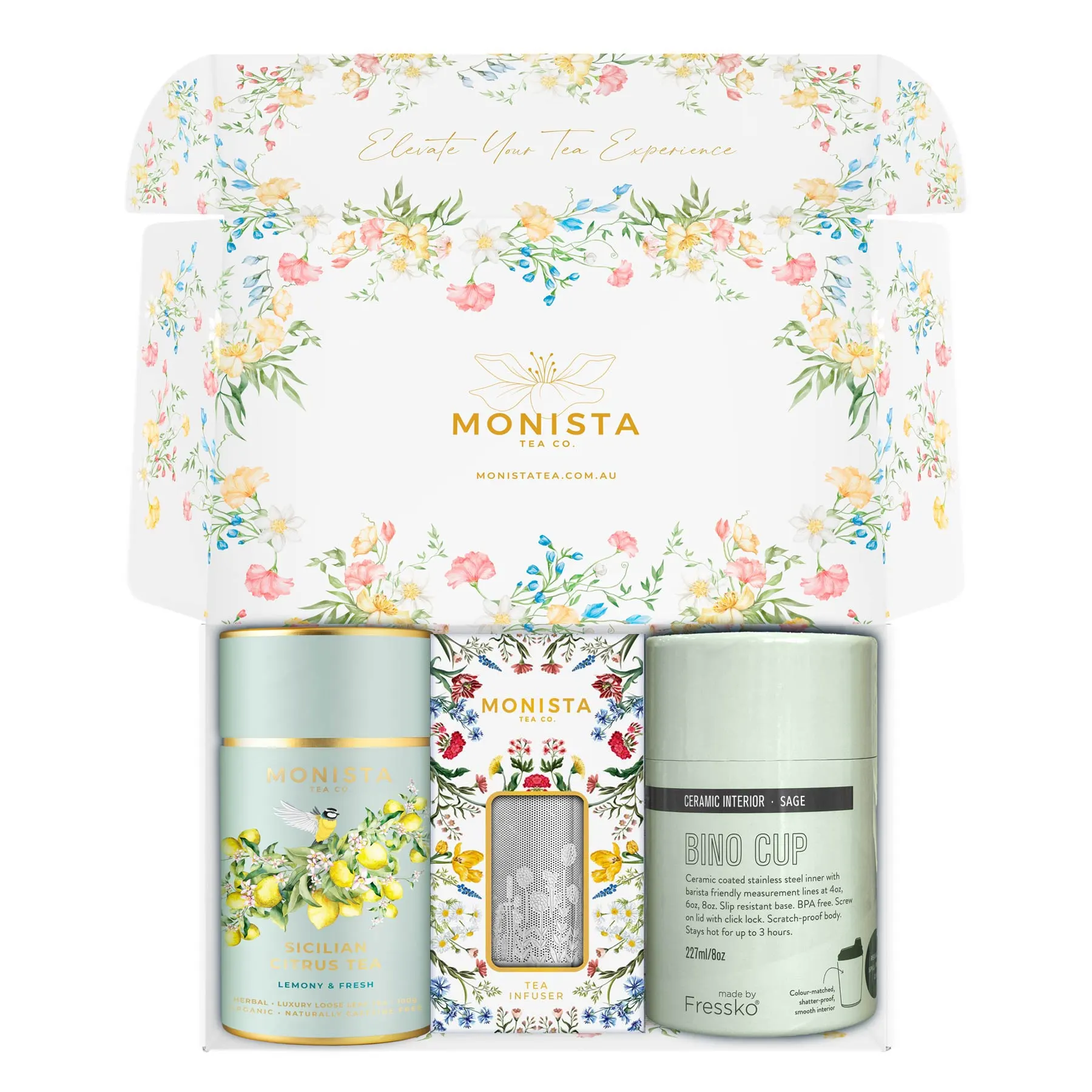 Sage fressko cup with silver stick infuser and pretty tea canister