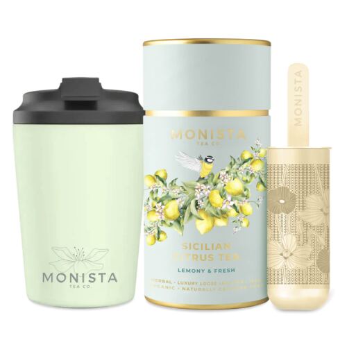 Sage fressko cup with gold stick infuser and pretty tea canister