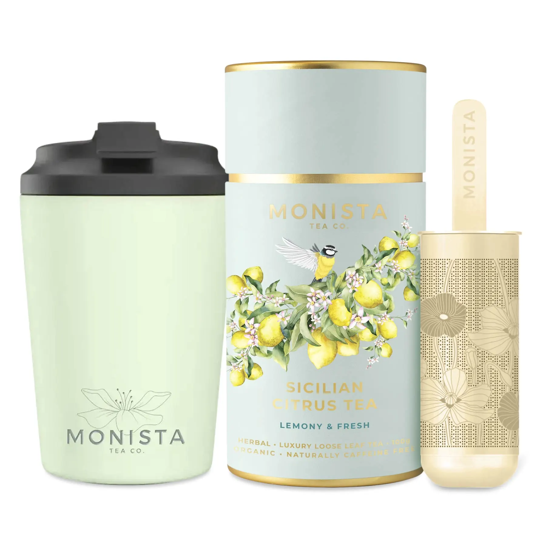 Sage fressko cup with gold stick infuser and pretty tea canister