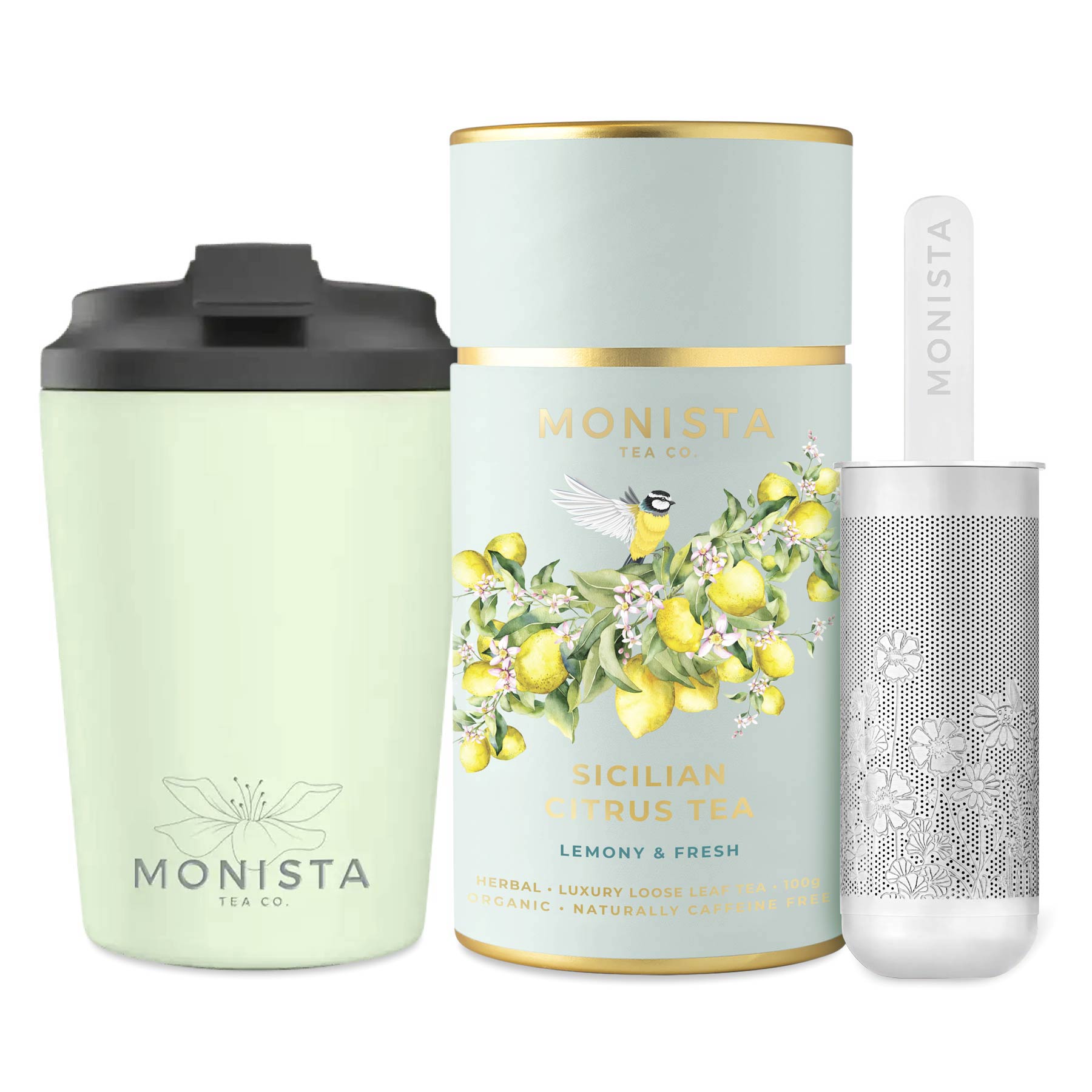 Sage fressko cup with silver stick infuser and pretty tea canister