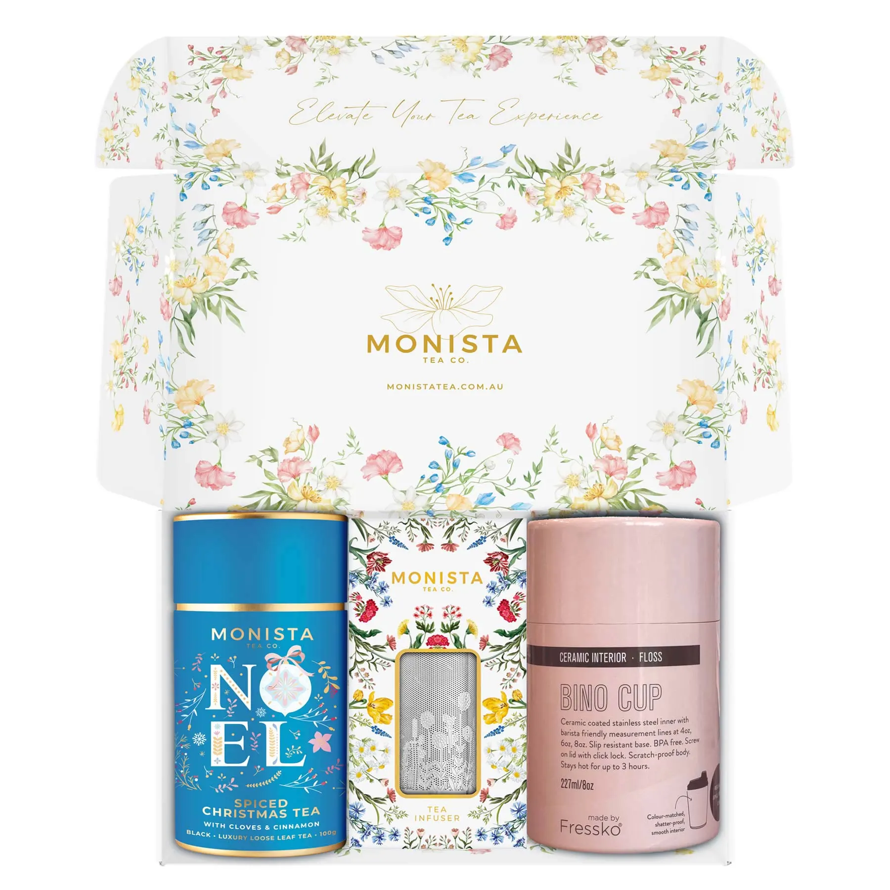 Blue fressko cup with Silver stick infuser and blue tea canister