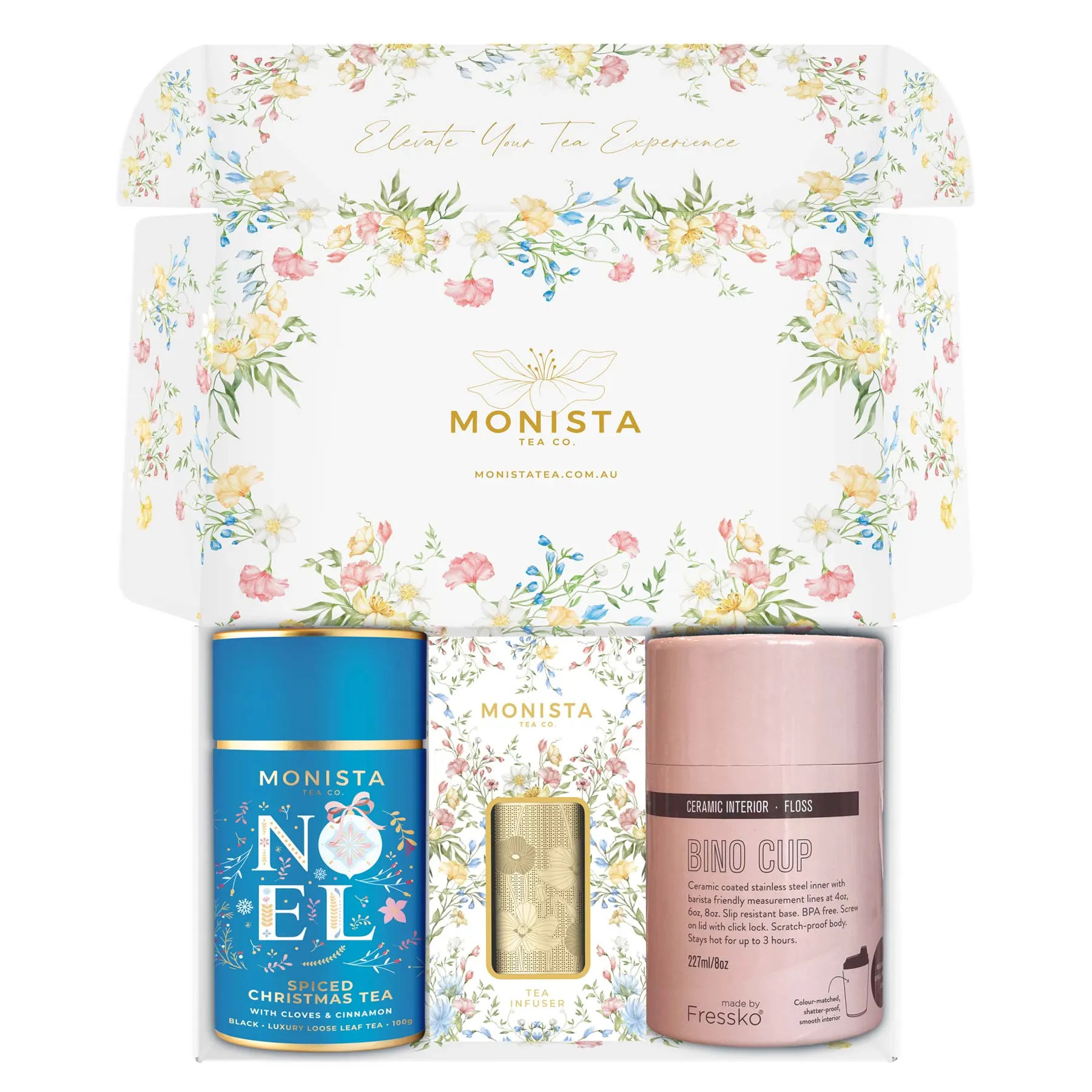 blue tea canister, tea infuser and fressko cup