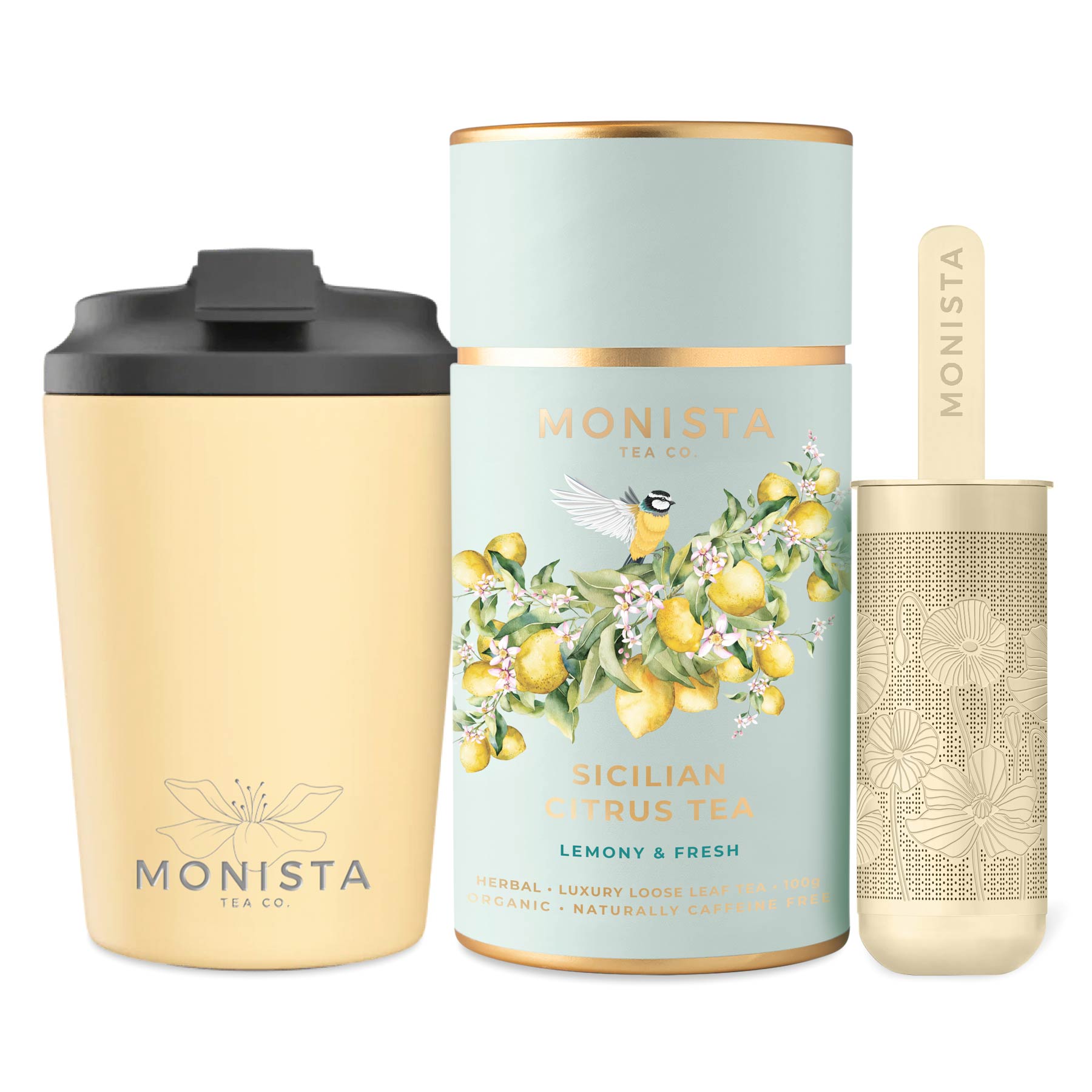 Yellow fressko cup with gold stick infuser and pretty tea canister