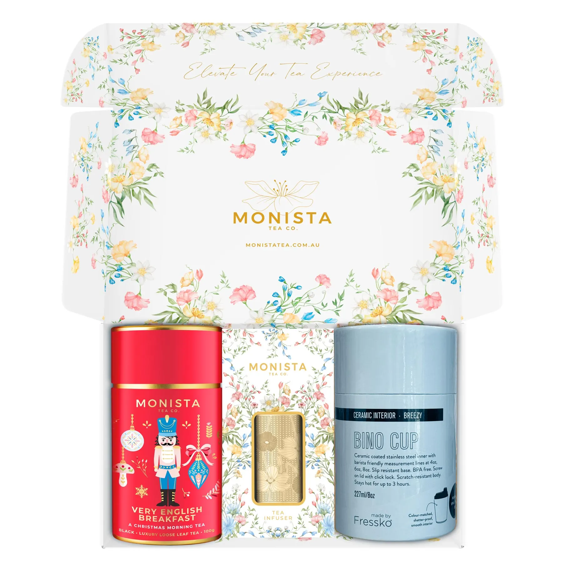 Blue fressko cup with Silver stick infuser and pretty red tea canister