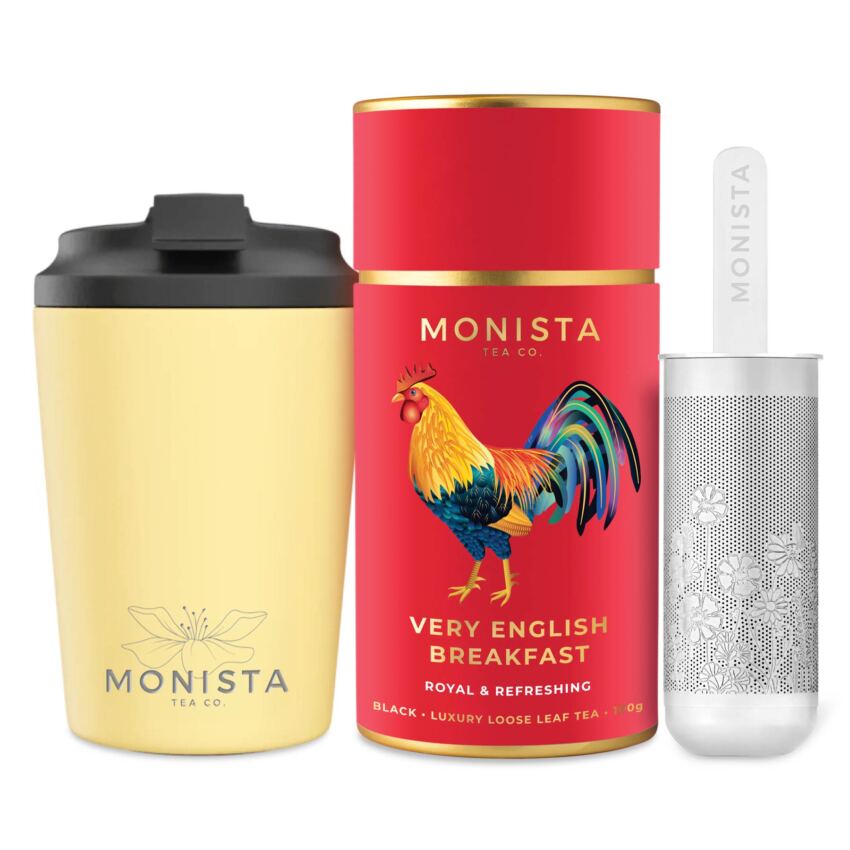 Yellow fressko cup with Silver stick infuser and pretty red tea canister