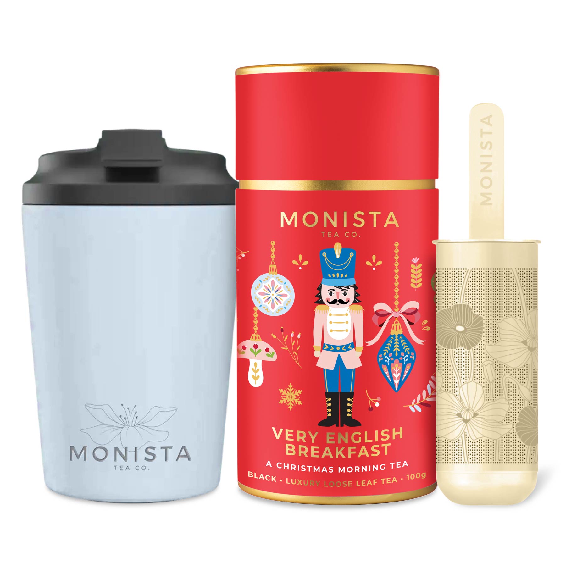 Blue fressko cup with Silver stick infuser and pretty red tea canister