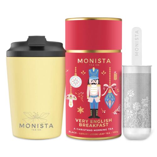 red tea canister, tea infuser and fressko cup